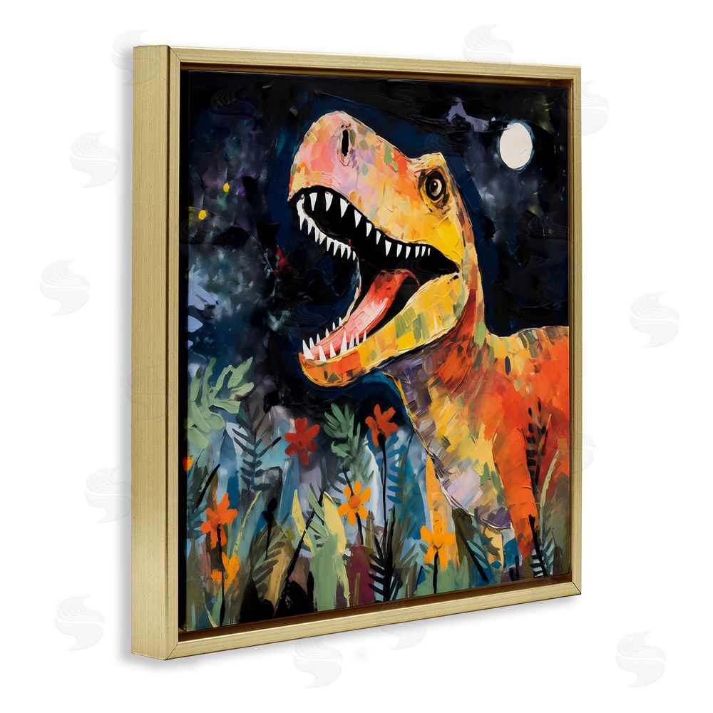 Creative Studio Nighttime Hunt Dinosaur Gold Floating Frame Canvas Art Print