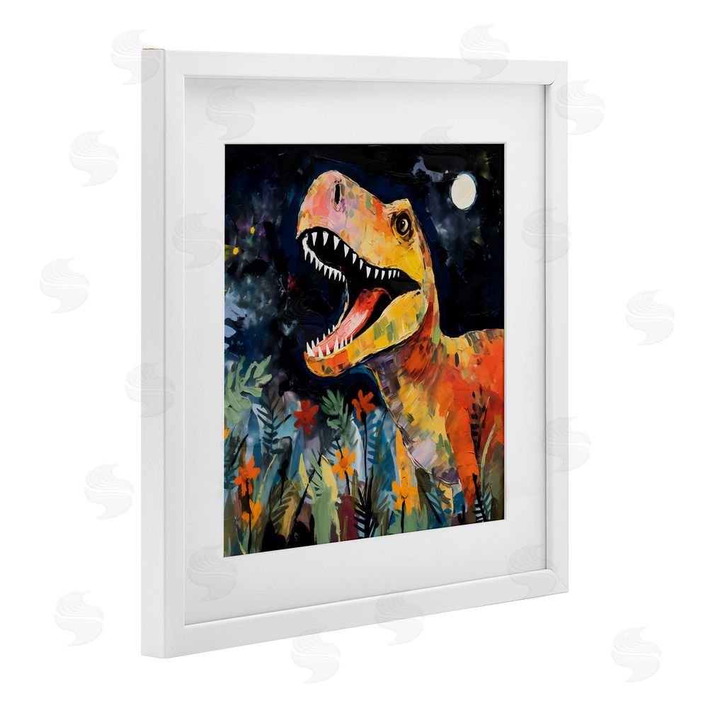 Creative Studio Nighttime Hunt Dinosaur White Framed Print Under Glass Art