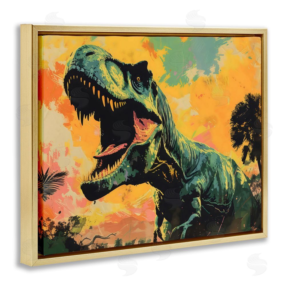 Creative Studio Roaring Dinosaur At Sunset Gold Floating Frame Canvas Art Print
