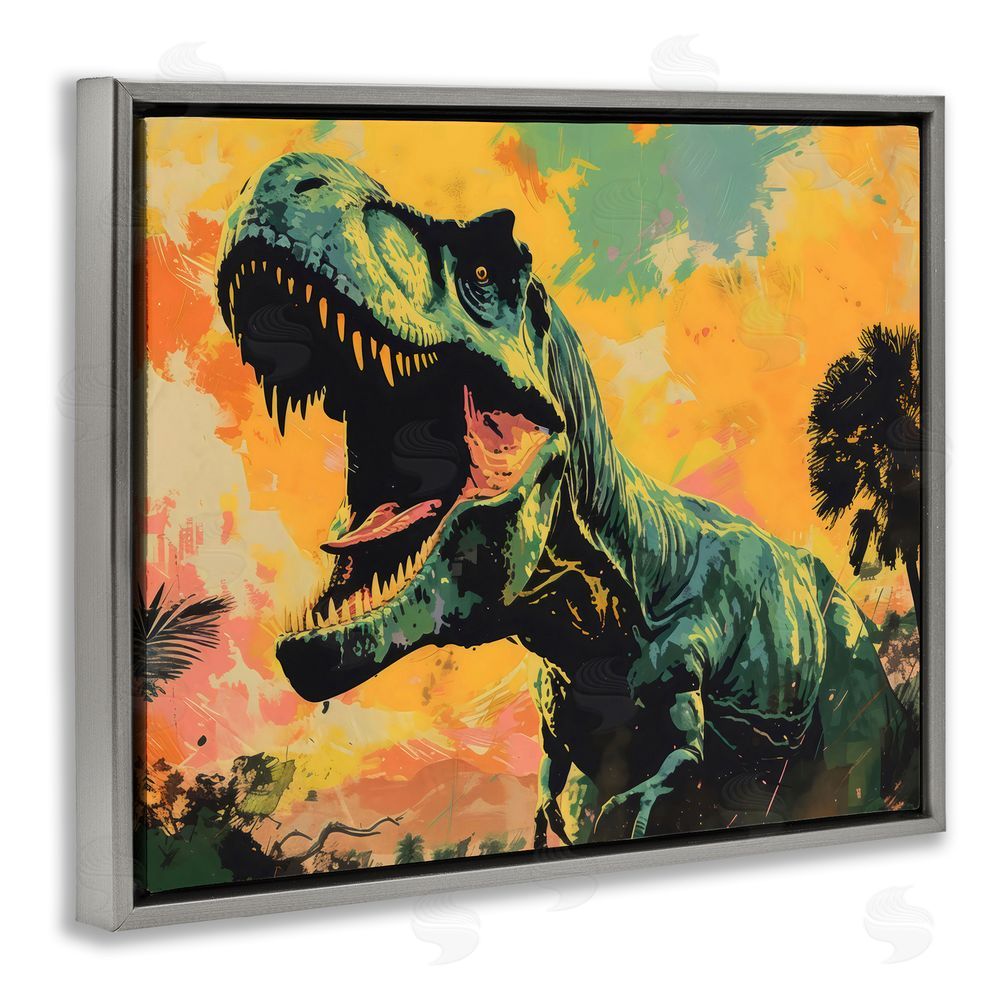 Creative Studio Roaring Dinosaur At Sunset Gray Floating Frame Canvas Art Print
