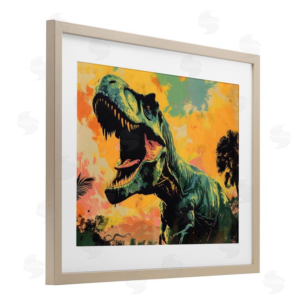 Creative Studio Roaring Dinosaur At Sunset Birch Framed Print Under Glass Art