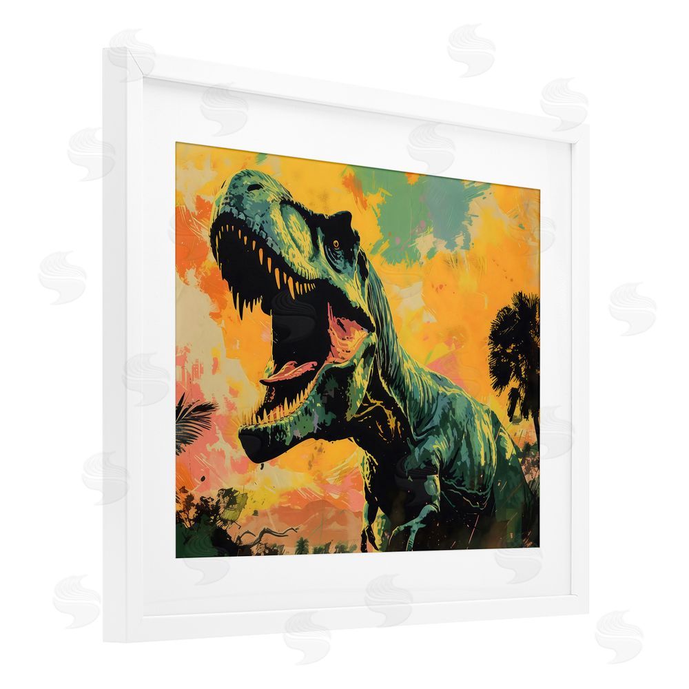Creative Studio Roaring Dinosaur At Sunset White Framed Print Under Glass Art