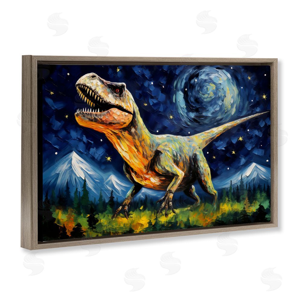 Creative Studio Dinosaur In Field with Mountains Brown Floating Frame Canvas Art Print