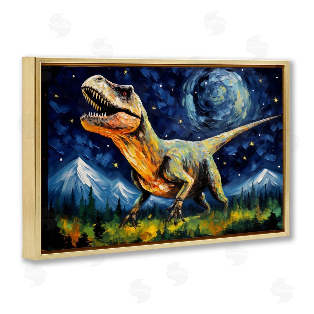 Creative Studio Dinosaur In Field with Mountains Gold Floating Frame Canvas Art Print