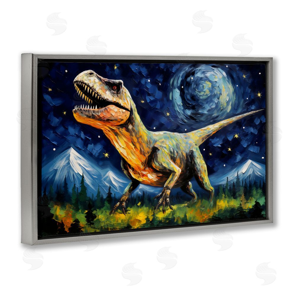 Creative Studio Dinosaur In Field with Mountains Gray Floating Frame Canvas Art Print