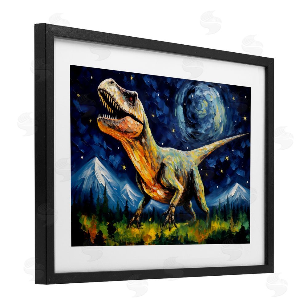 Creative Studio Dinosaur In Field with Mountains Black Framed Print Under Glass Art