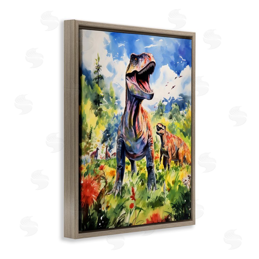 Creative Studio Dinosaurs In Natural Field Brown Floating Frame Canvas Art Print