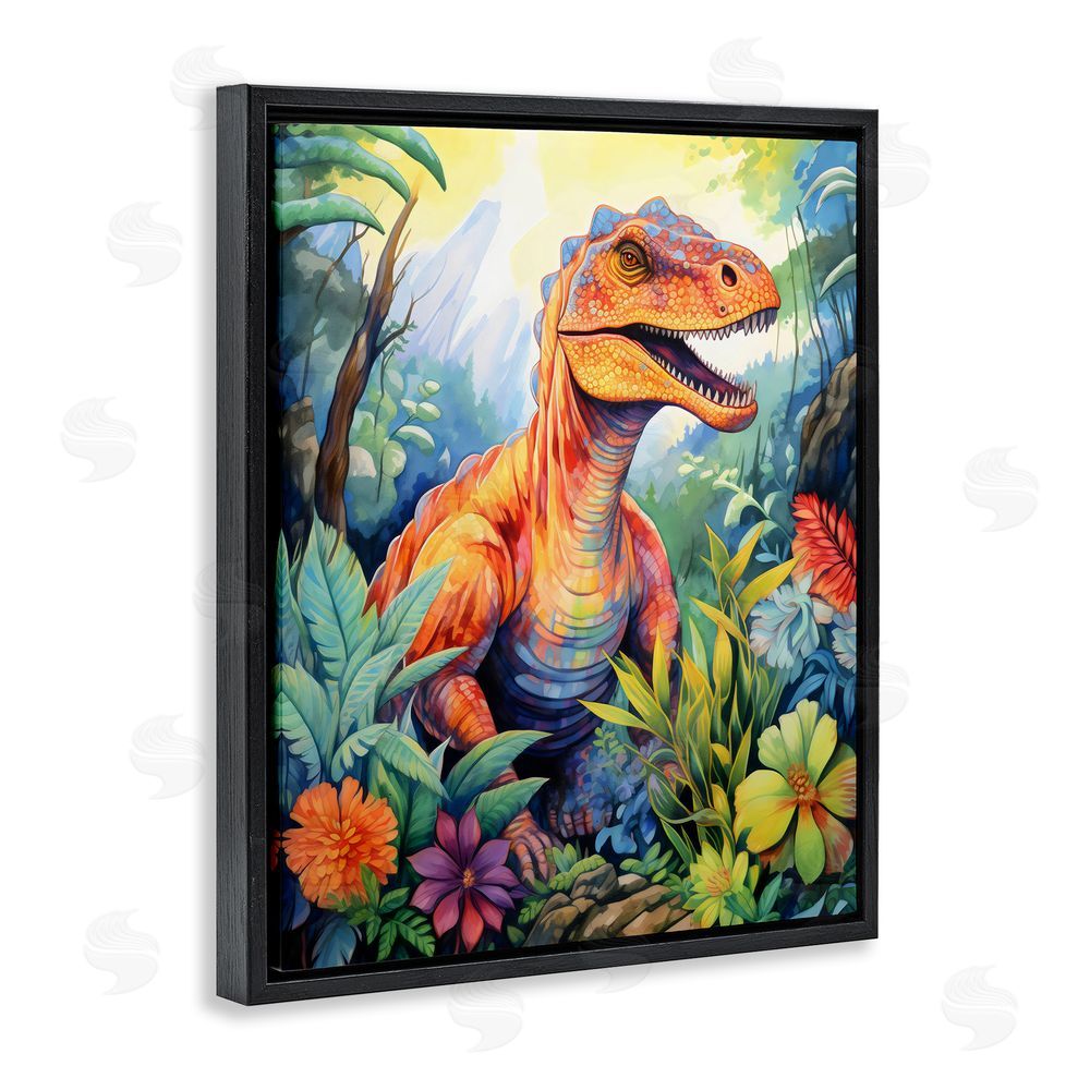 Creative Studio Dinosaur Leafy Green Jungle Black Floating Frame Canvas Wall Art Print