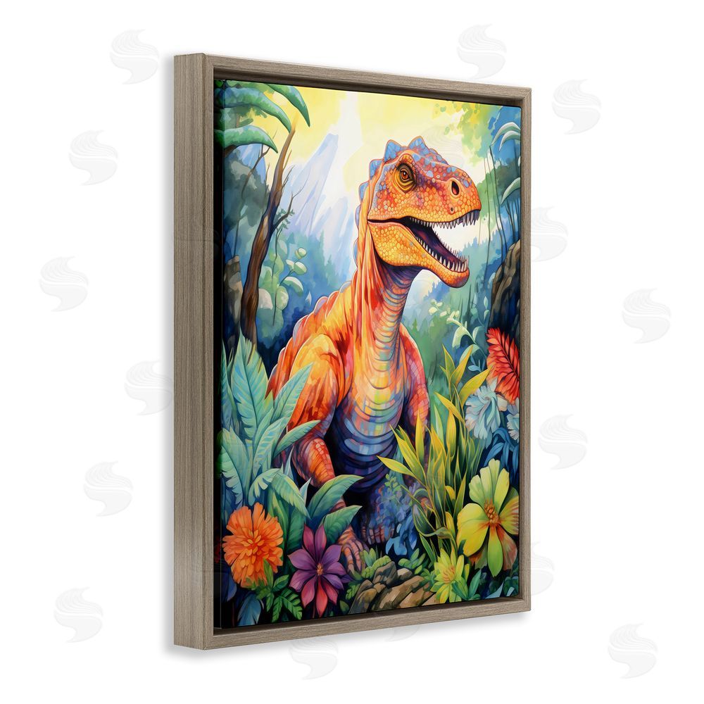 Creative Studio Dinosaur Leafy Green Jungle Brown Floating Frame Canvas Art Print