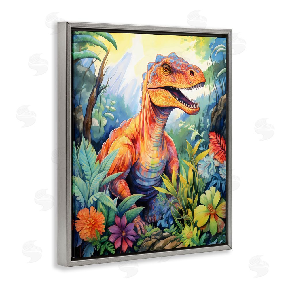 Creative Studio Dinosaur Leafy Green Jungle Gray Floating Frame Canvas Art Print