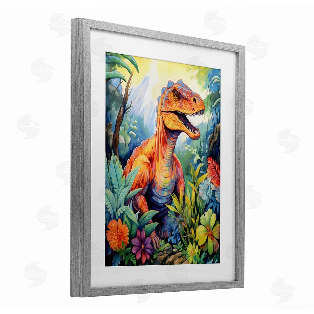 Creative Studio Dinosaur Leafy Green Jungle Gray Framed Print Under Glass Art