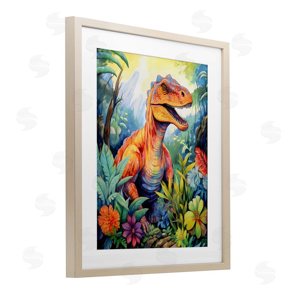 Creative Studio Dinosaur Leafy Green Jungle Birch Framed Print Under Glass Art
