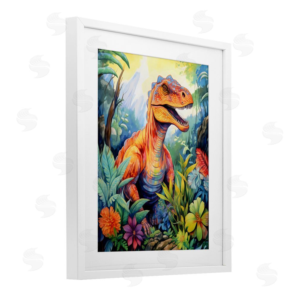 Creative Studio Dinosaur Leafy Green Jungle White Framed Print Under Glass Art