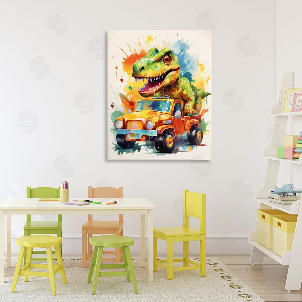 Creative Studio Riding In Back Dino Car Printed Wall Art in Room