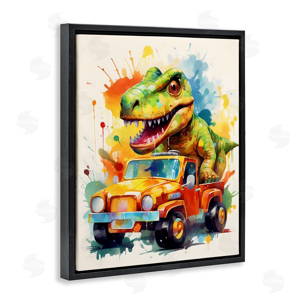 Creative Studio Riding In Back Dino Car Black Floating Frame Canvas Wall Art Print