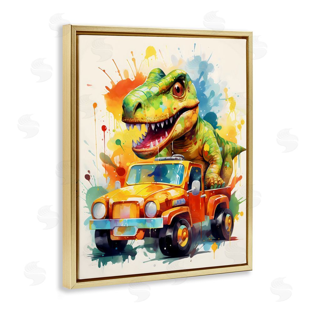 Creative Studio Riding In Back Dino Car Gold Floating Frame Canvas Art Print