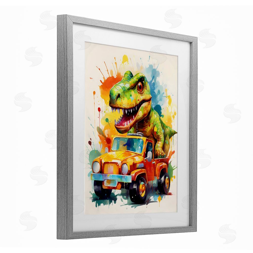 Creative Studio Riding In Back Dino Car Gray Framed Print Under Glass Art