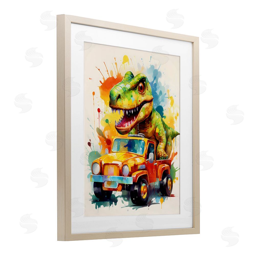 Creative Studio Riding In Back Dino Car Birch Framed Print Under Glass Art