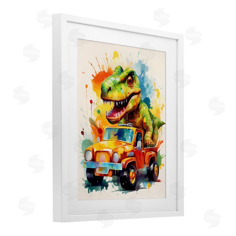 Creative Studio Riding In Back Dino Car White Framed Print Under Glass Art