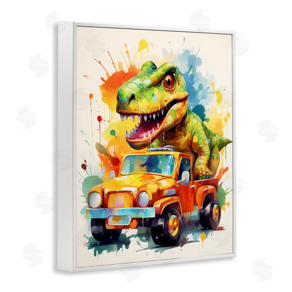 Creative Studio Riding In Back Dino Car White Frame Giclee Art Print
