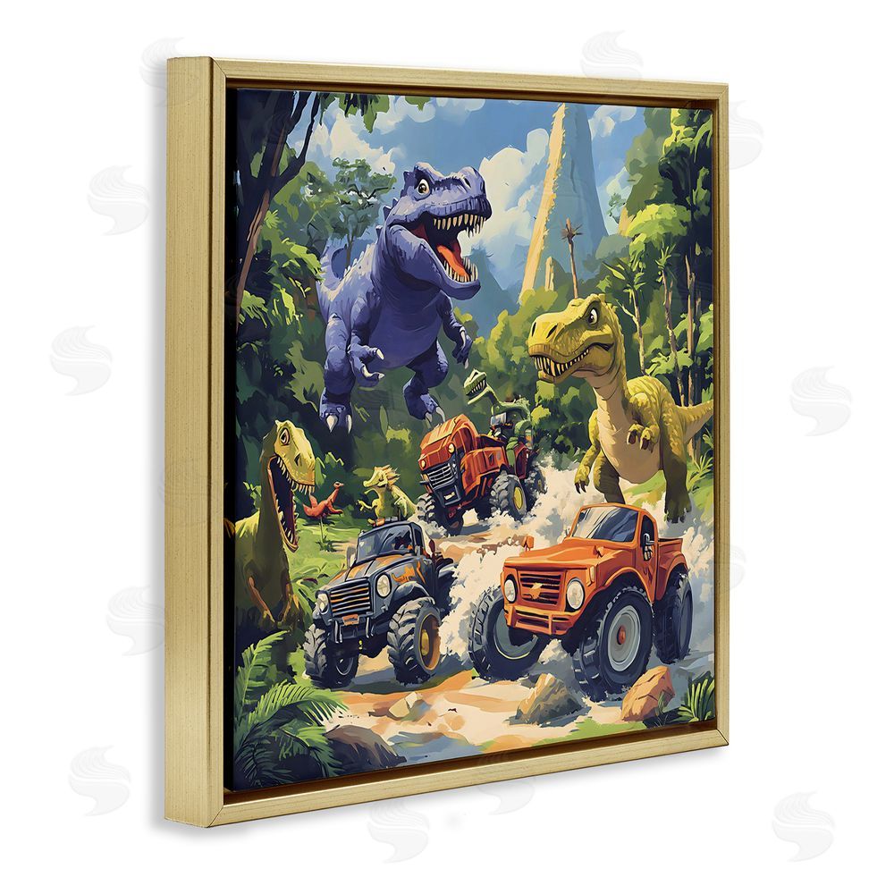 Creative Studio Dinosaurs & Monster Trucks Gold Floating Frame Canvas Art Print