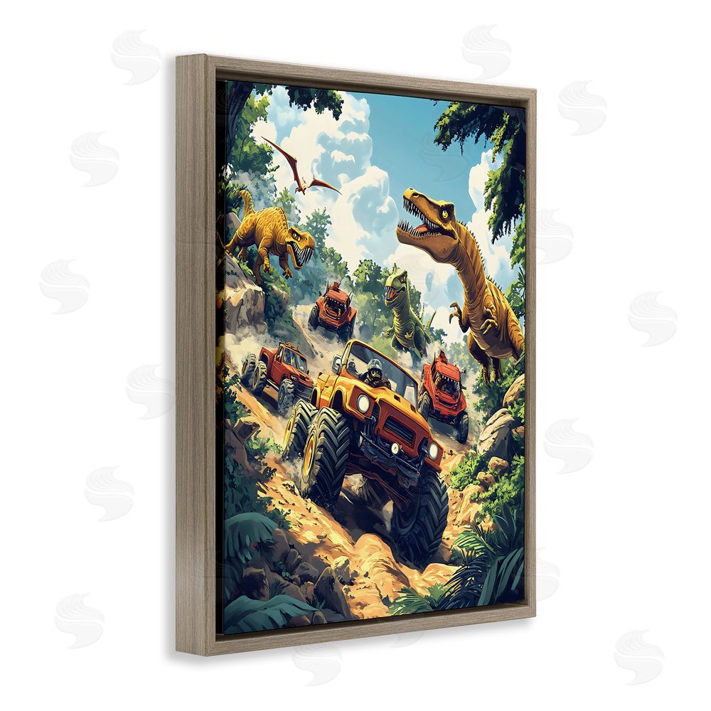 Creative Studio Dinosaur & Monster Truck Adventure Brown Floating Frame Canvas Art Print