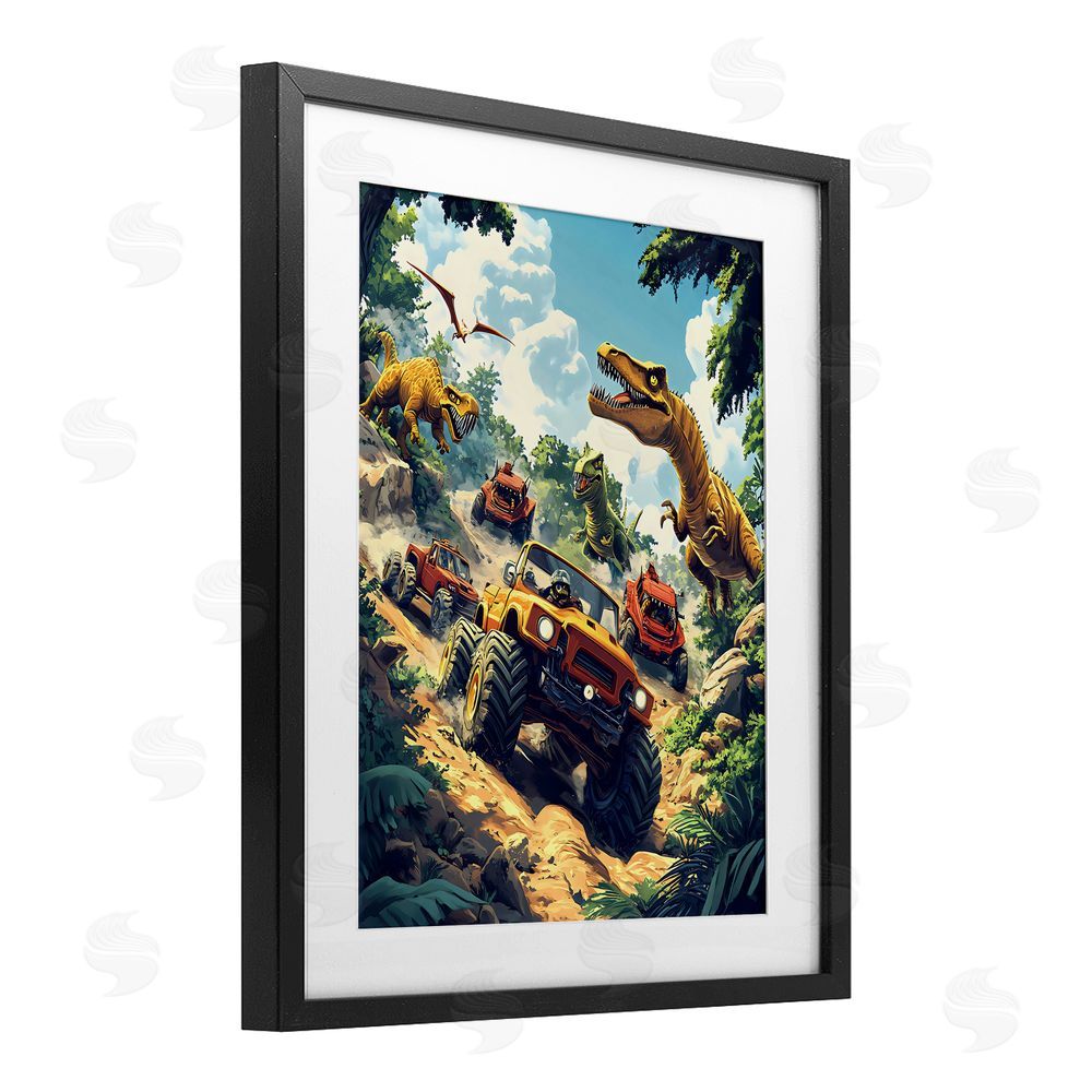 Creative Studio Dinosaur & Monster Truck Adventure Black Framed Print Under Glass Art