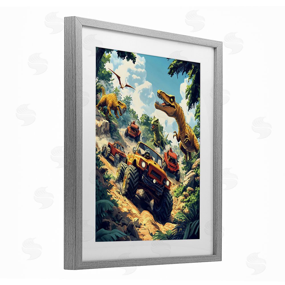 Creative Studio Dinosaur & Monster Truck Adventure Gray Framed Print Under Glass Art