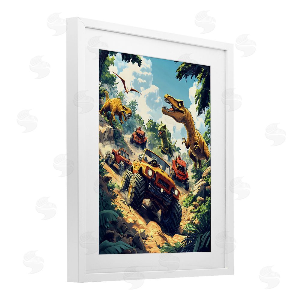 Creative Studio Dinosaur & Monster Truck Adventure White Framed Print Under Glass Art