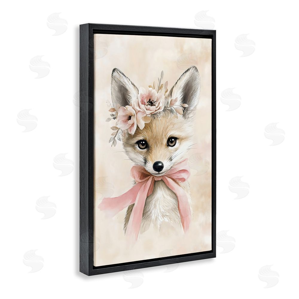 Creative Studio Sweet Baby Fox with Bow Black Floating Frame Canvas Wall Art Print