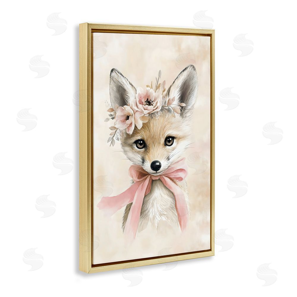 Creative Studio Sweet Baby Fox with Bow Gold Floating Frame Canvas Art Print