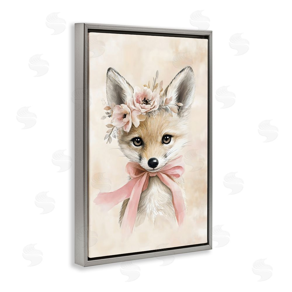 Creative Studio Sweet Baby Fox with Bow Gray Floating Frame Canvas Art Print