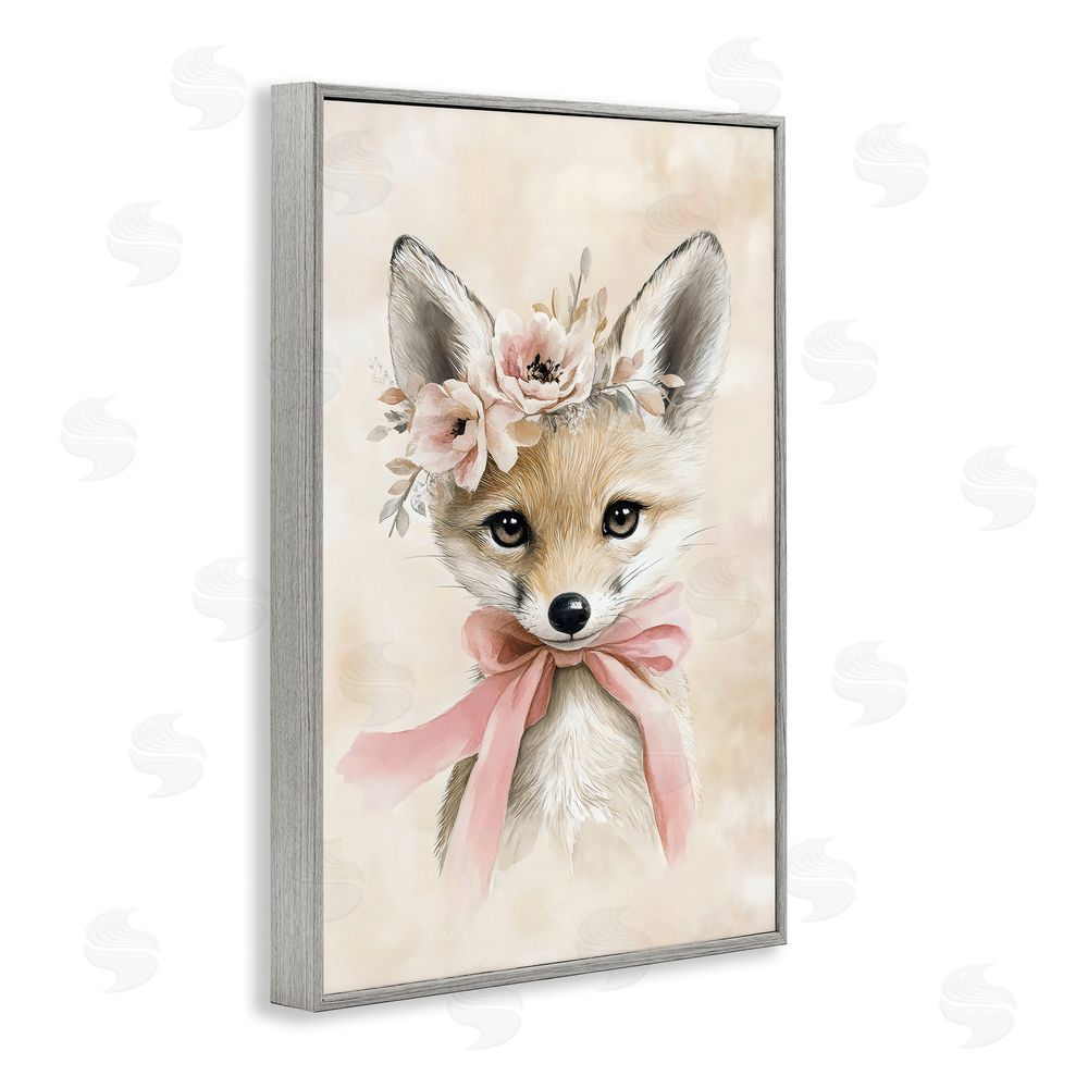 Creative Studio Sweet Baby Fox with Bow Gray Framed Giclee Art Print