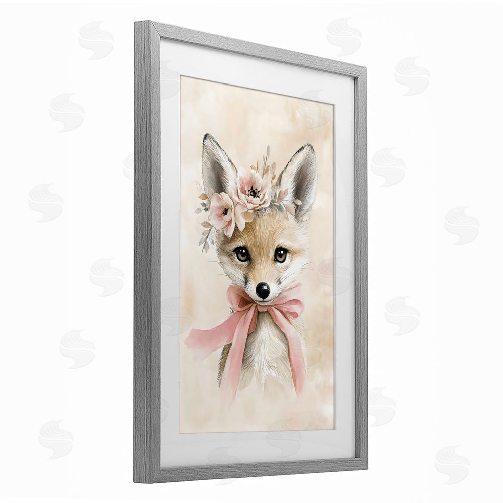 Creative Studio Sweet Baby Fox with Bow Gray Framed Print Under Glass Art