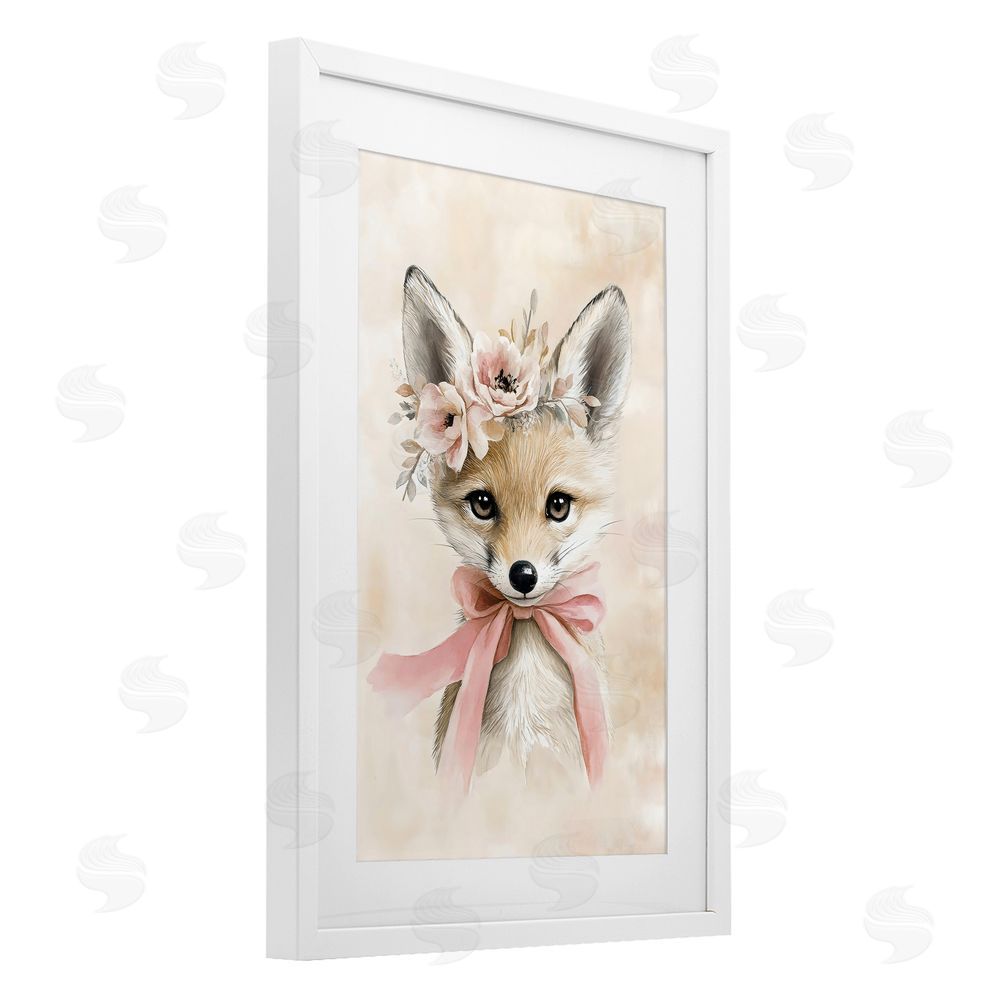 Creative Studio Sweet Baby Fox with Bow White Framed Print Under Glass Art
