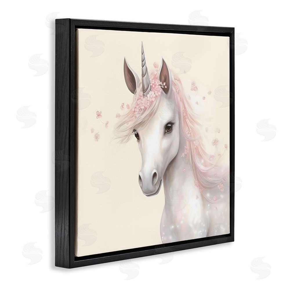 Creative Studio Fairy Unicorn Soft Petals Black Floating Frame Canvas Wall Art Print