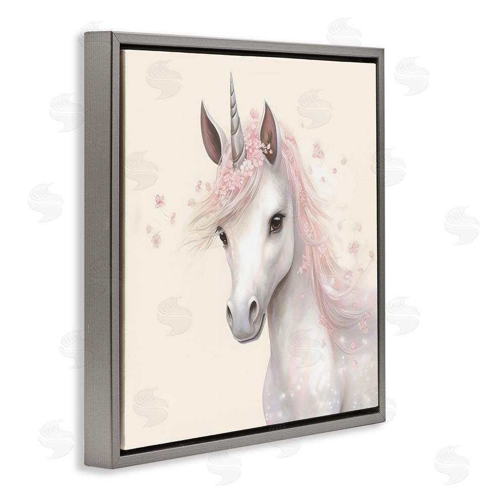 Creative Studio Fairy Unicorn Soft Petals Gray Floating Frame Canvas Art Print