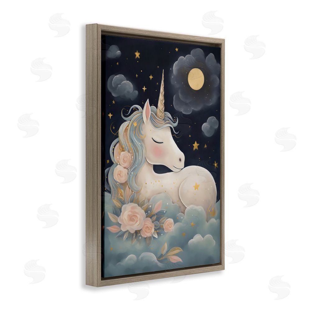 Creative Studio Unicorn Surrounded By Clouds Brown Floating Frame Canvas Art Print