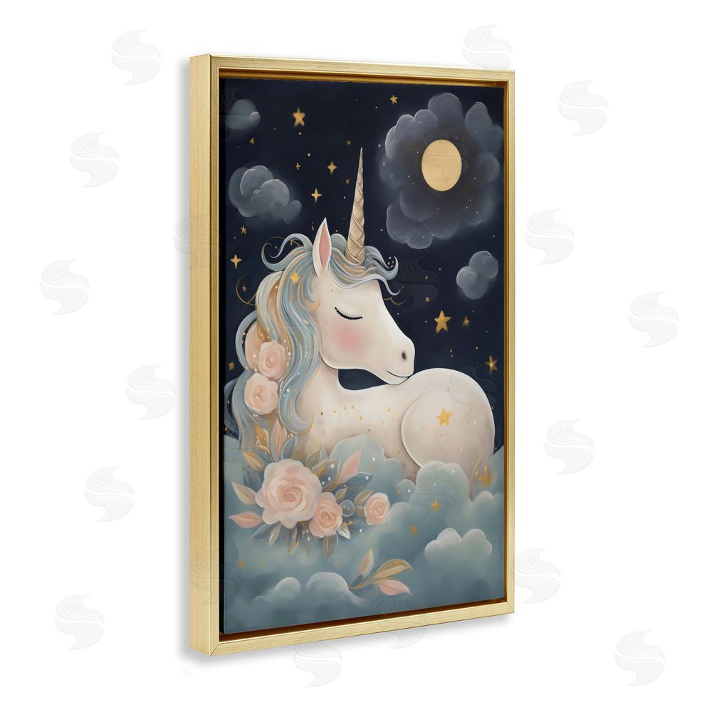 Creative Studio Unicorn Surrounded By Clouds Gold Floating Frame Canvas Art Print