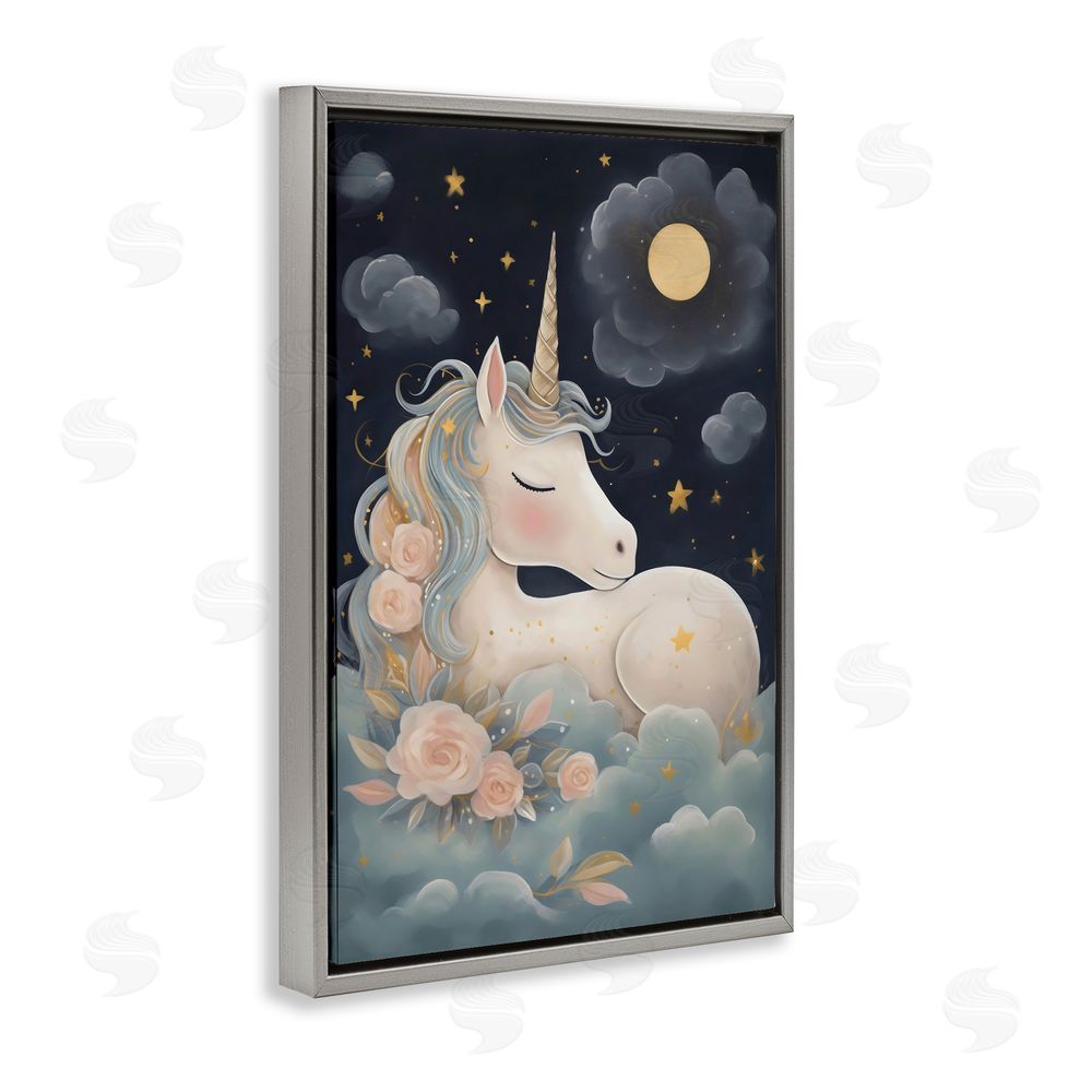 Creative Studio Unicorn Surrounded By Clouds Gray Floating Frame Canvas Art Print