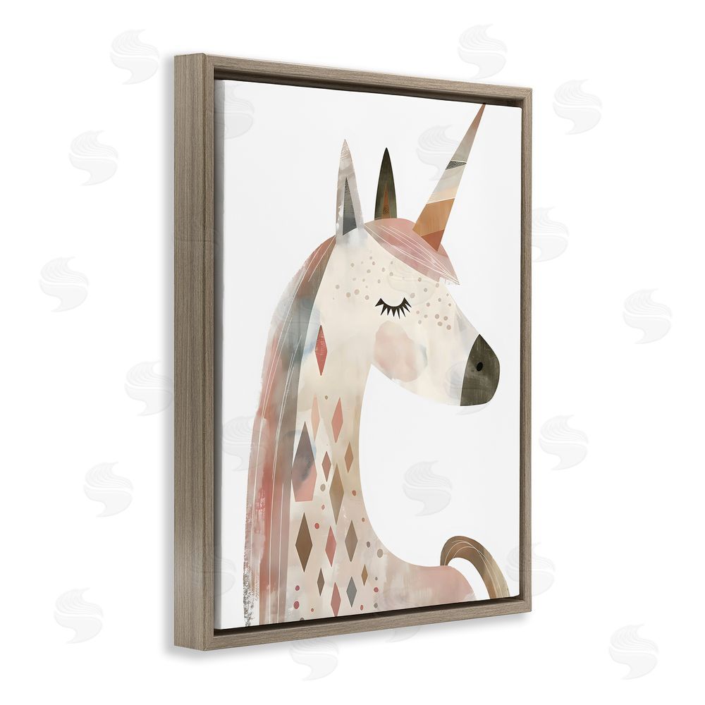 Creative Studio Neutral Unicorn with Shapes Brown Floating Frame Canvas Wall Art Print