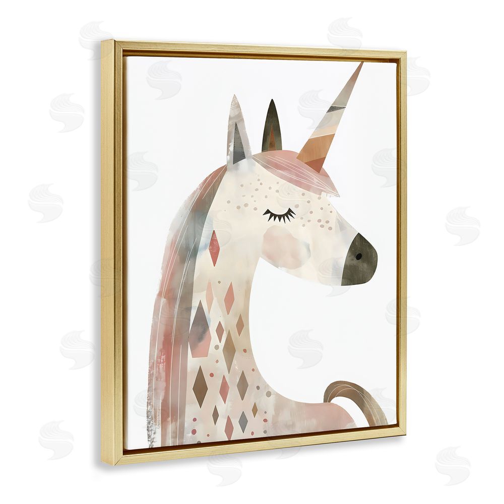 Creative Studio Neutral Unicorn with Shapes Gold Floating Frame Canvas Wall Art Print