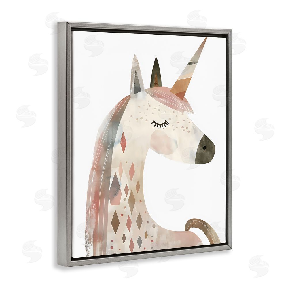 Creative Studio Neutral Unicorn with Shapes Gray Floating Frame Canvas Wall Art Print