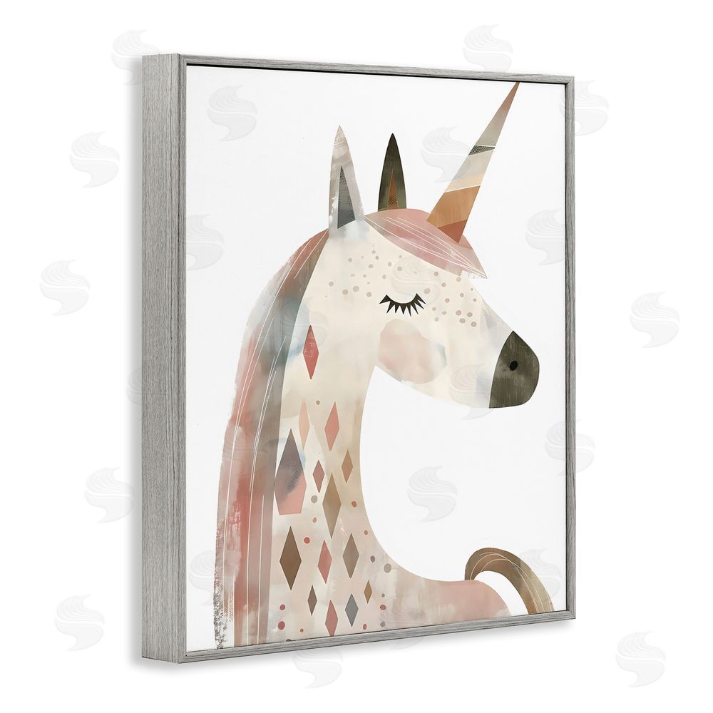 Creative Studio Neutral Unicorn with Shapes Gray Framed Giclee Wall Art Print