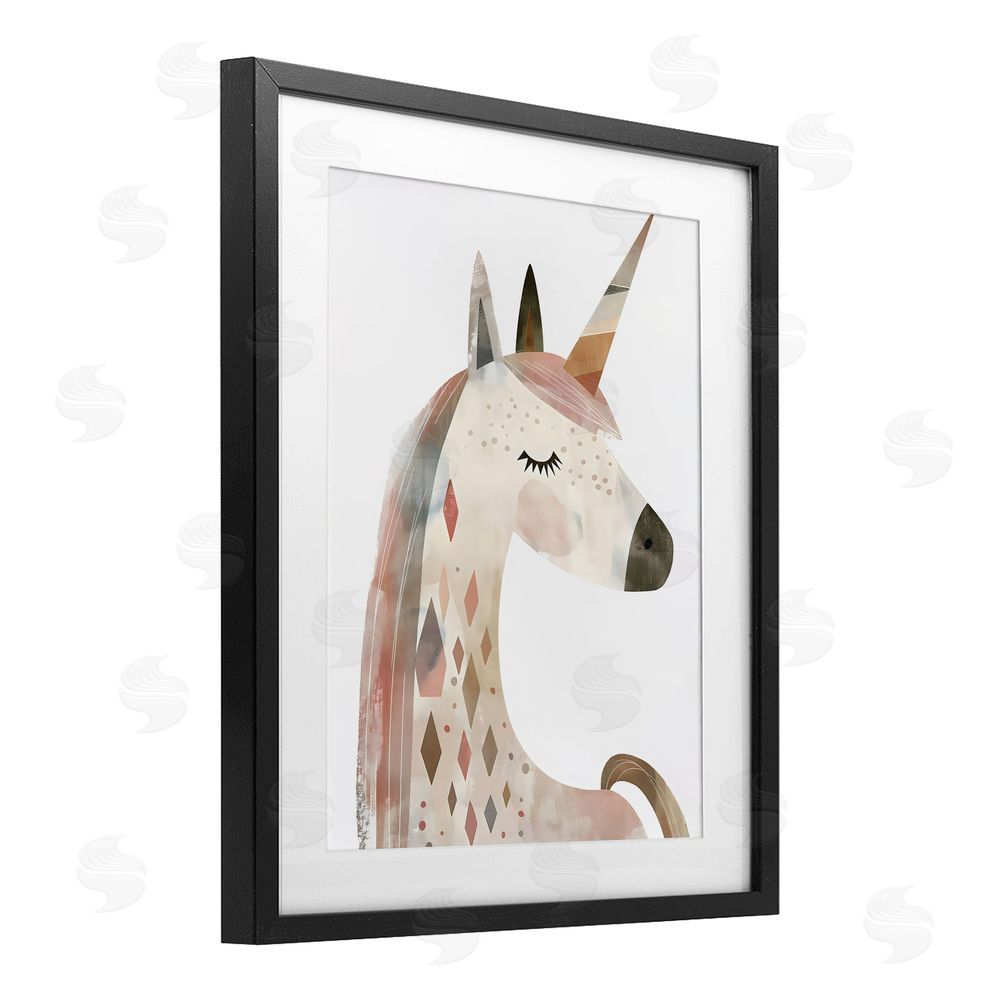 Creative Studio Neutral Unicorn with Shapes Black Framed Print Under Glass with White Mat Wall Art
