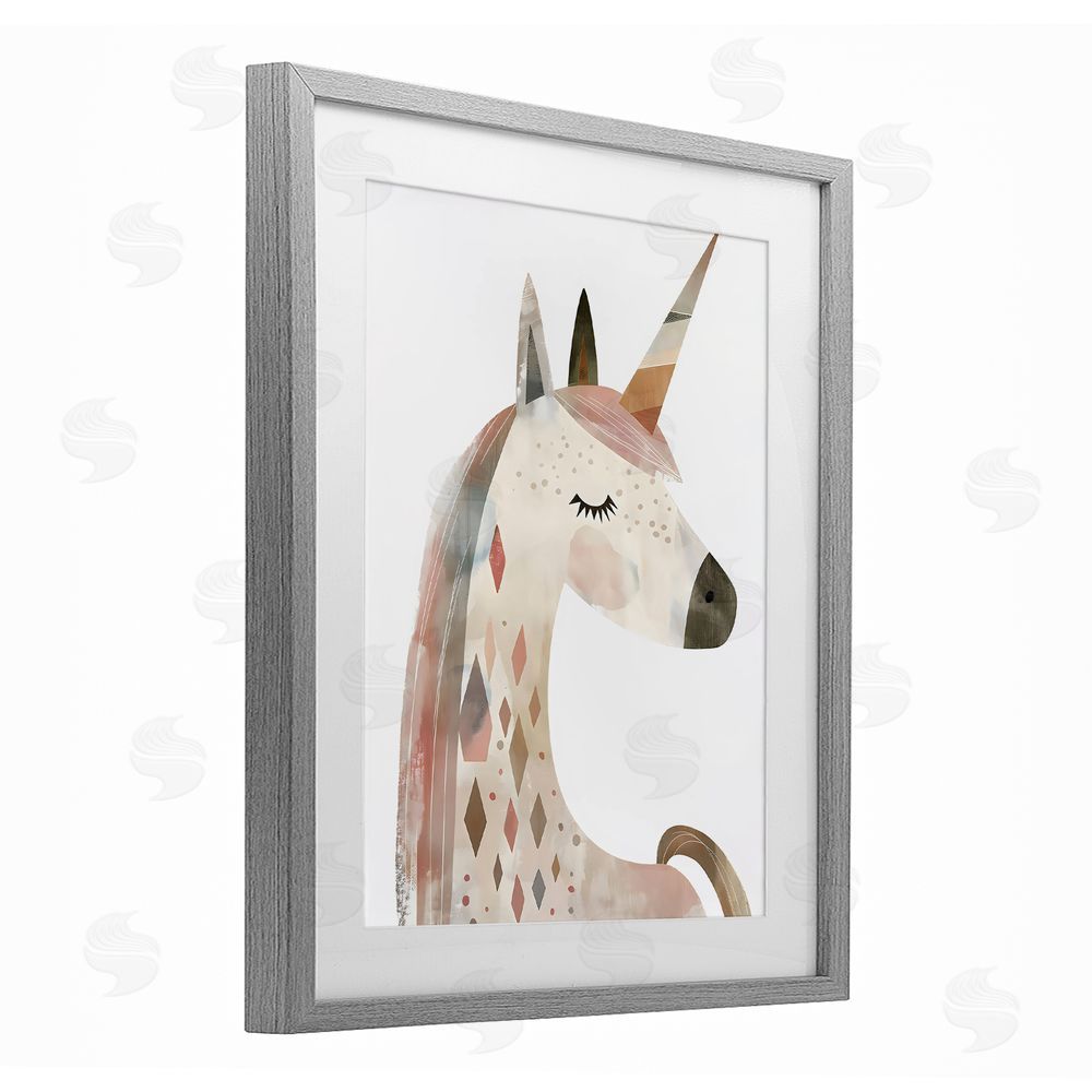 Creative Studio Neutral Unicorn with Shapes Gray Framed Print Under Glass with White Mat Wall Art