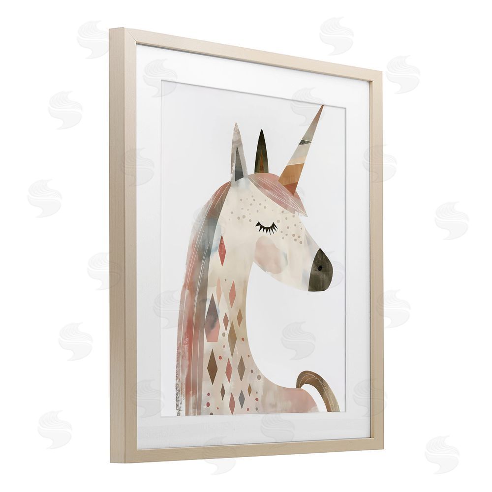 Creative Studio Neutral Unicorn with Shapes Birch Framed Print Under Glass with White Mat Wall Art