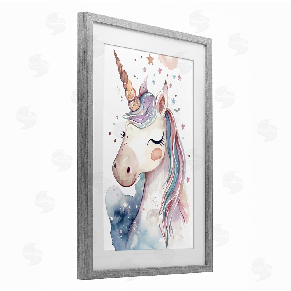 Creative Studio Cute Unicorn under Stars Gray Framed Print Under Glass with White Mat Wall Art