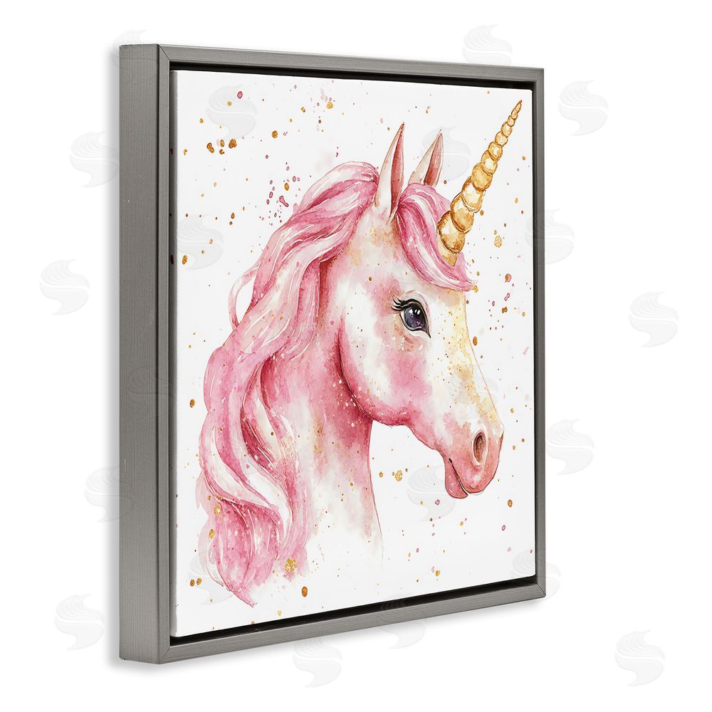 Creative Studio Pink Unicorn with Paint Splatter Gray Floating Frame Canvas Wall Art Print