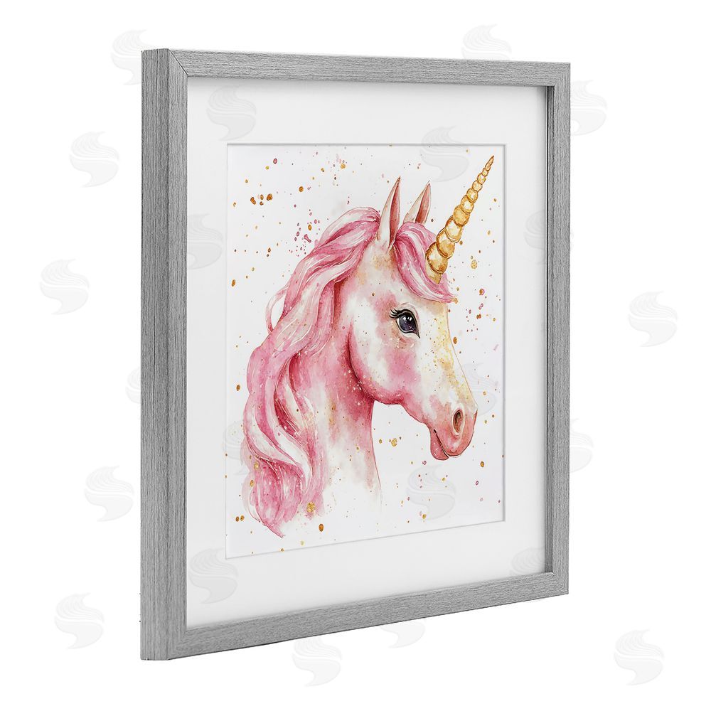 Creative Studio Pink Unicorn with Paint Splatter Gray Framed Print Under Glass with White Mat Wall Art